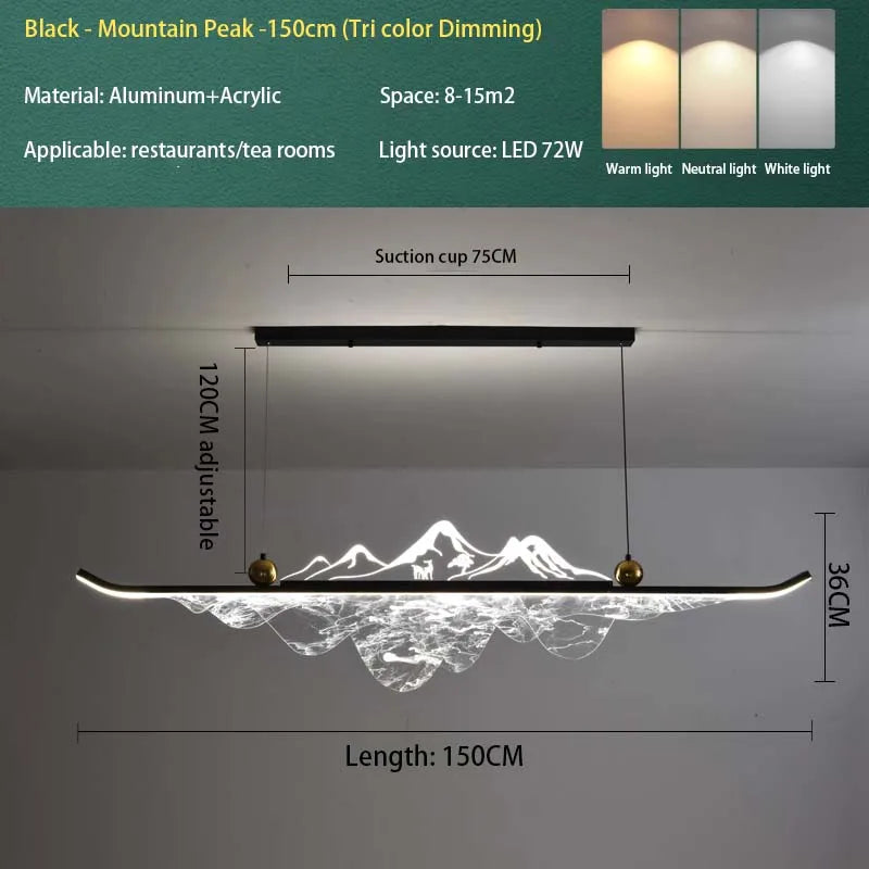 Suspension Cuisine Îlot LED Linéaire Montagne Acrylique, 100 à 150 cm