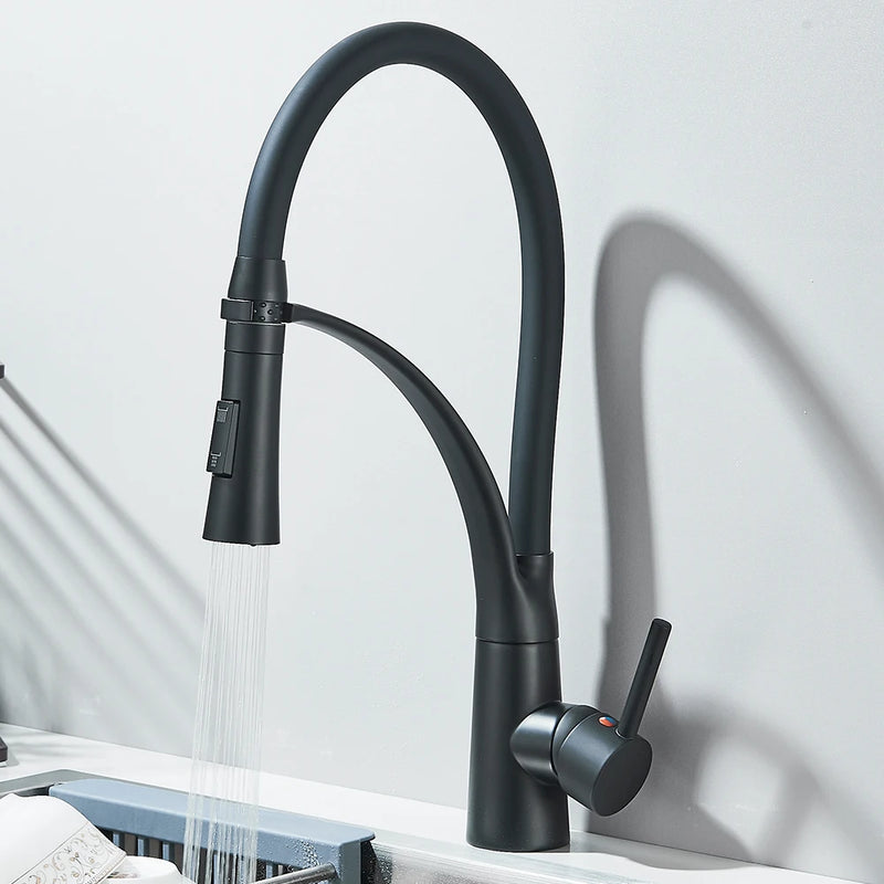 Mitigeur Cuisine Laiton Douchette Extractible Col Souple Noir, Hauteur 42 cm