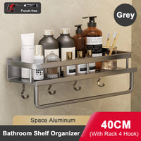 Étagère Salle de Bain Aluminium Sans Perçage Noir ou Gris avec Crochets, 30 à 50 cm
