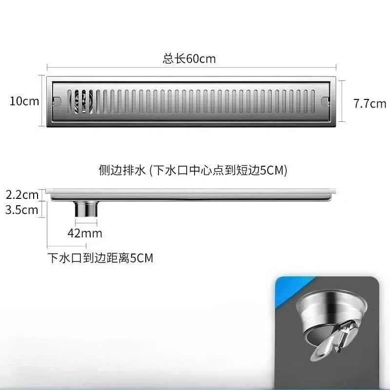 Caniveau de Douche Rectangulaire Inox 304 Anti-Odeur 10 x 60 cm