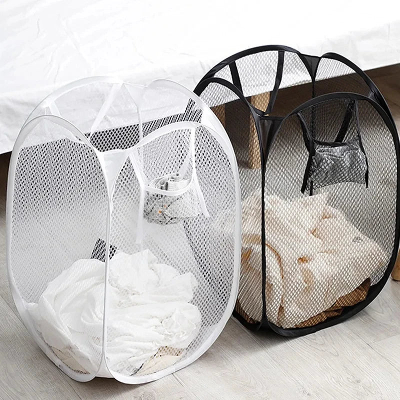 Panier à Linge Pliable en Maille Noire, 1 ou 2 Pièces