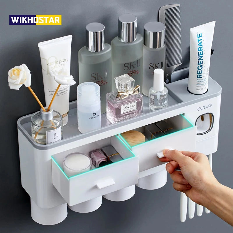 Porte-Brosse Mural Magnétique avec Tiroir et Distributeur de Dentifrice, 2 à 4 Gobelets