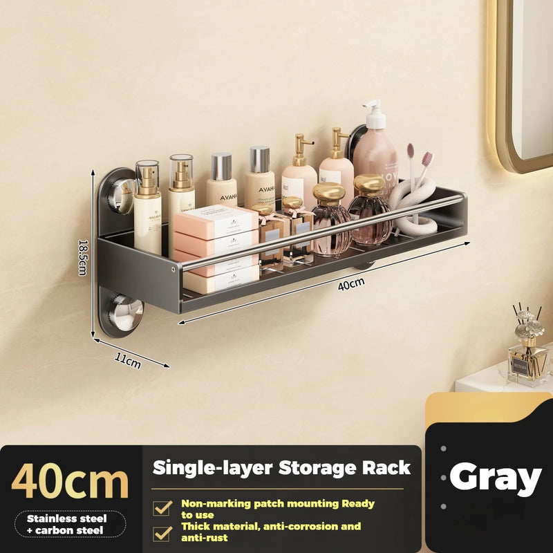 Étagère Salle de Bain Inox Gris Anthracite, Sans Perçage, Barre en Option