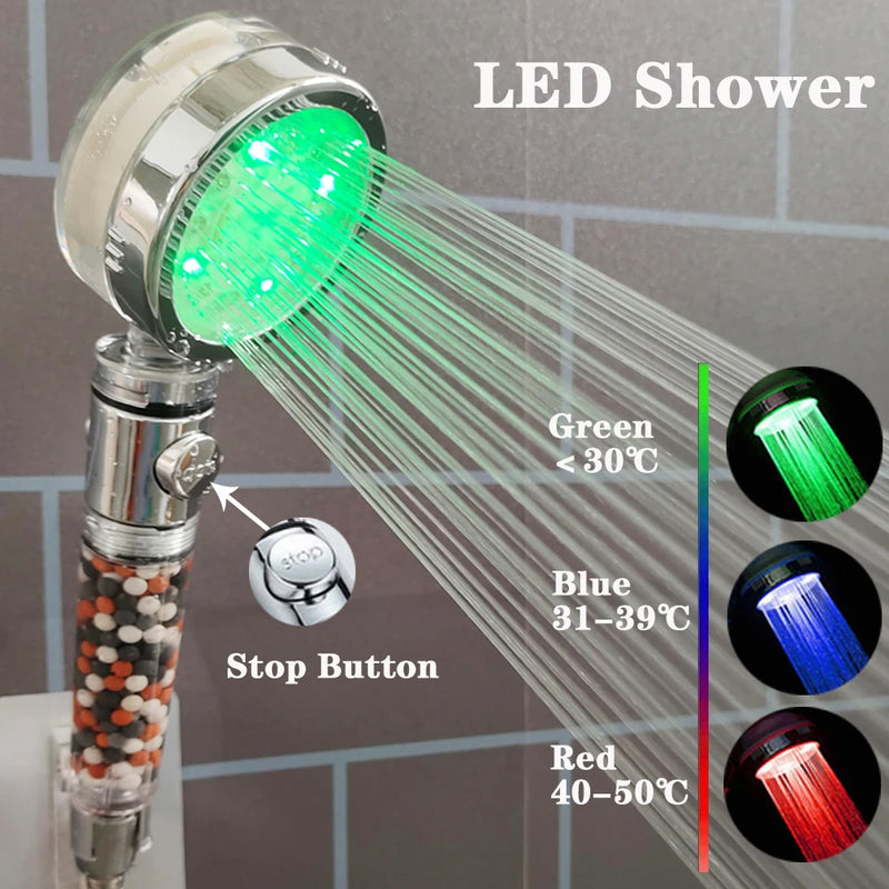 Pommeau de Douche LED avec Billes Minérales Filtrantes, 3 ou 7 Couleurs