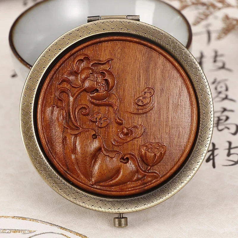 Miroir de Poche Rond en Bois Sculpté, Style Vintage, 5 Motifs
