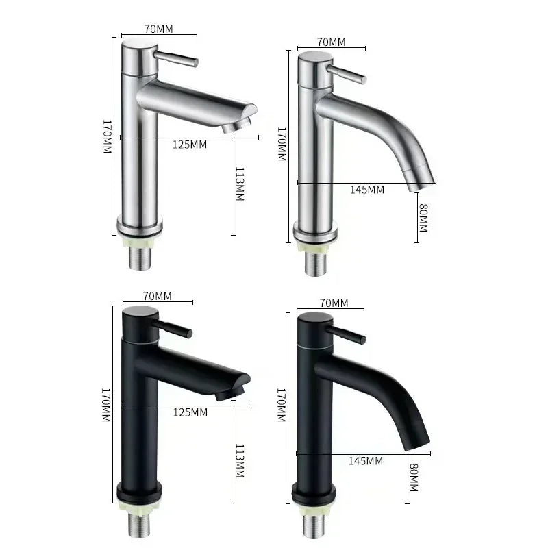 Robinet Lave-Main Eau Froide Inox 304, 17 cm, Bec Droit ou Courbe