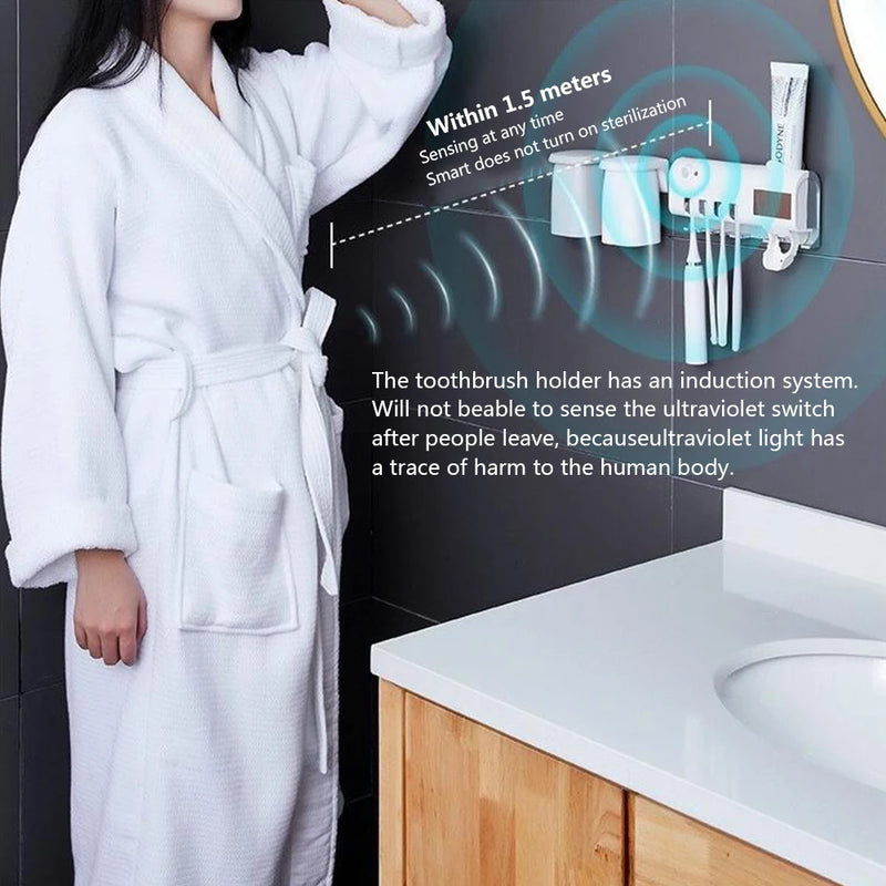 Porte-Brosse à Dents Mural Solaire UV avec Distributeur de Dentifrice, 4 Places