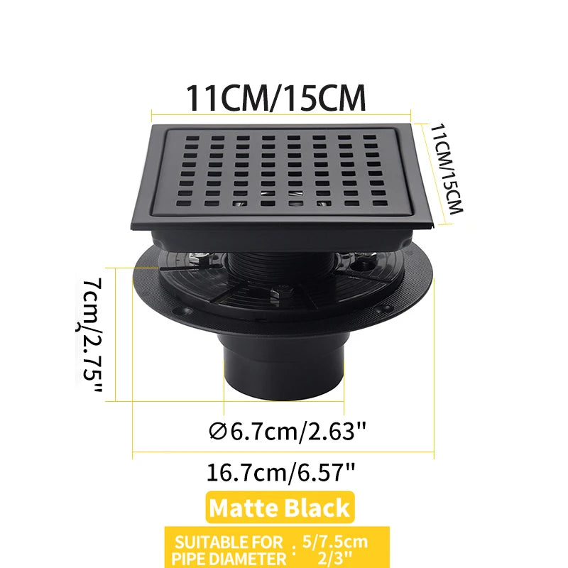 Caniveau de Douche Carré Anti-Odeur Inox 304, Grille 11 ou 15 cm