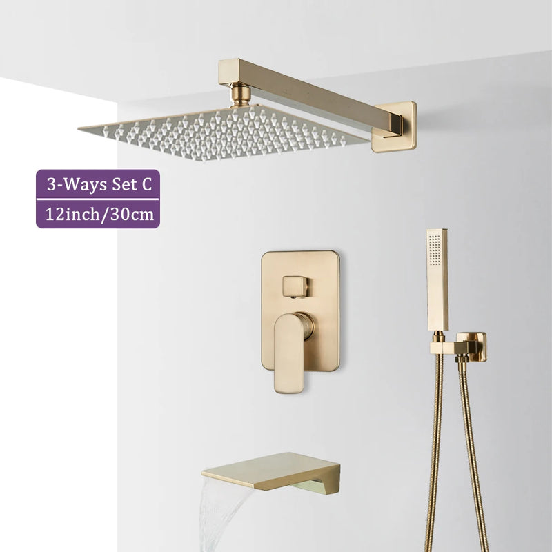 Douche Encastrable Or Brossé 2 ou 3 Voies, Pommeau Carré 20 à 40 cm