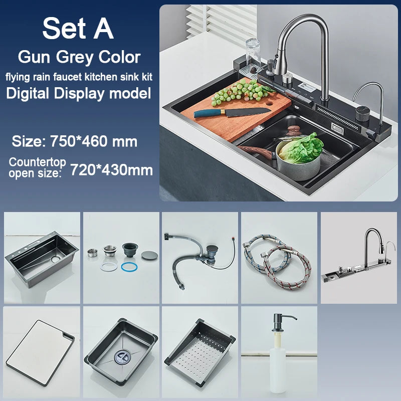 Évier Cuisine Inox 1 Bac Multifonction avec Robinet, 60 à 75 cm