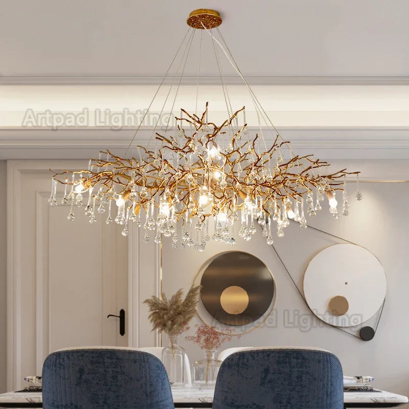 Lustre Suspension Cuisine Branches et Gouttes de Cristal, Doré ou Argenté, 100 à 150 cm