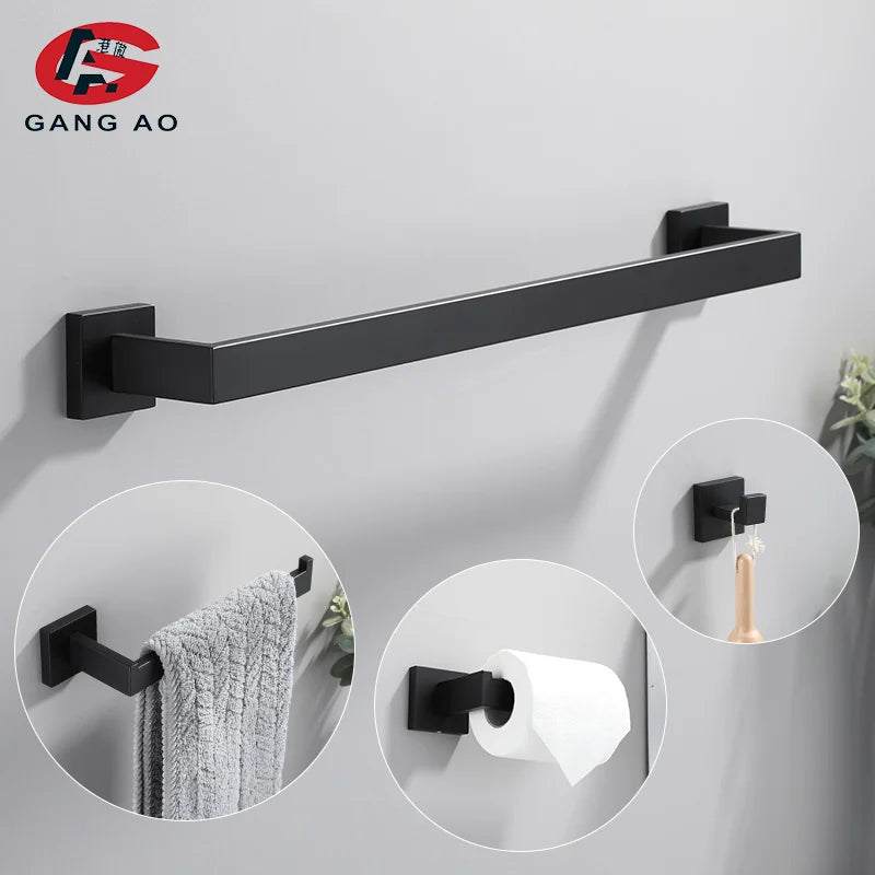 Accessoires Salle de Bain Noir Mat Carré Inox à la Pièce, 5 Articles