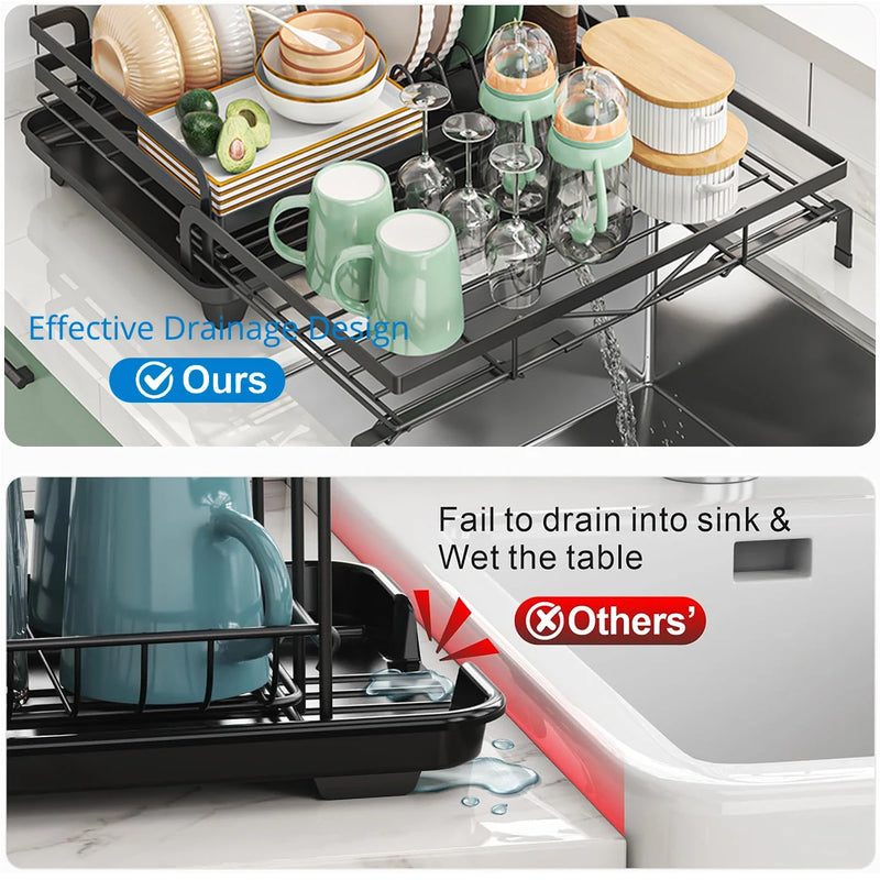 Égouttoir à Vaisselle Extensible 36 à 57,5 cm, Porte-Couverts, Bec Pivotant