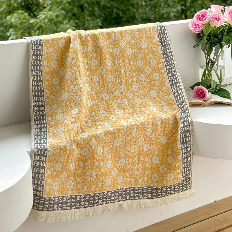 Serviette de Bain Jacquard en Gaze de Coton à Franges, 7 Motifs