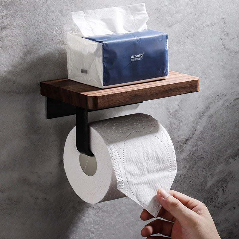 Accessoires Salle de Bain Noyer et Métal Noir à la Pièce, 4 Articles
