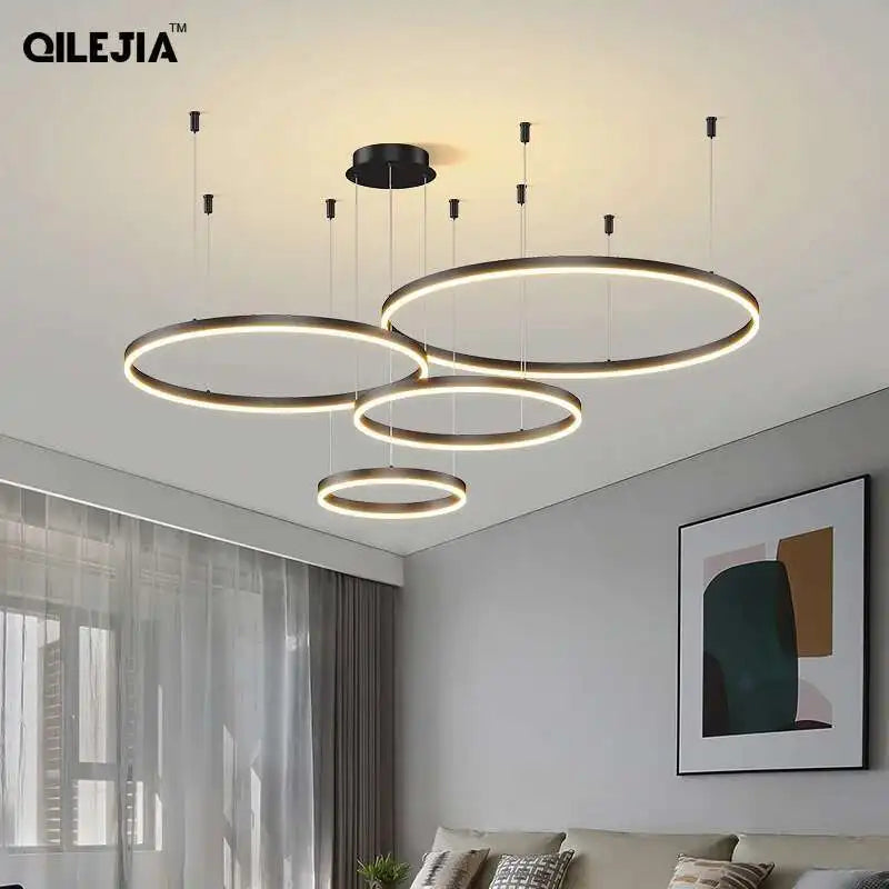 Suspension Cuisine Anneaux LED Design Moderne, Noir, Blanc ou Doré, 1 à 5 Anneaux