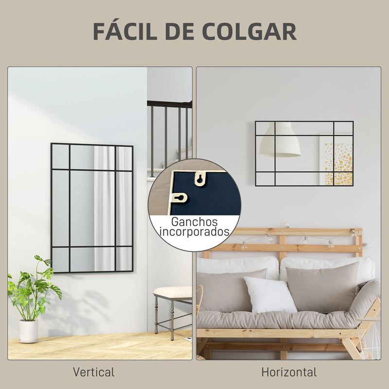 Miroir Mural Rectangulaire Style Verrière Noir ou Doré 90 x 60 cm