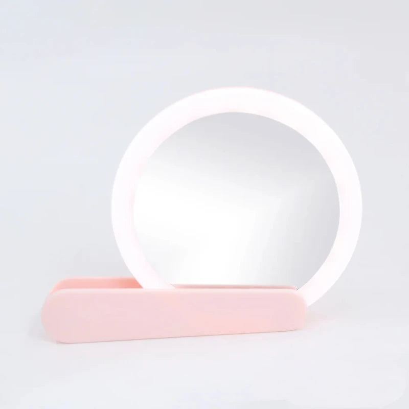 Miroir de Poche LED Rechargeable USB à Poignée Rotative, Rose ou Blanc