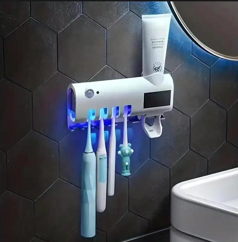Porte-Brosse à Dents Mural 4 Places, Distributeur de Dentifrice et Lampe UV, Noir ou Blanc