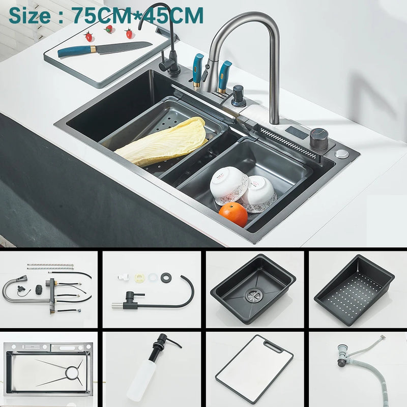 Évier Cuisine Inox 304 à Cascade, avec ou sans Rince-Verre, 60 ou 75 cm