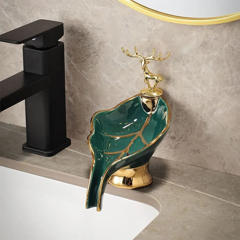 Porte-Savon Céramique Feuille Décor Cerf Doré