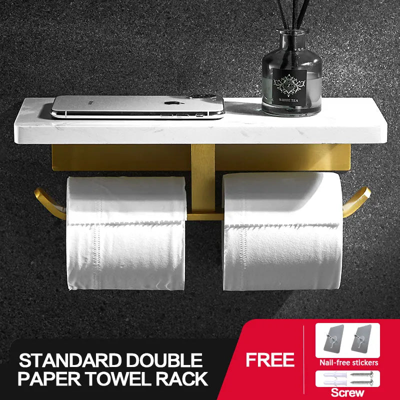 Porte-Papier Toilette Mural avec Tablette Marbre et Aluminium Doré