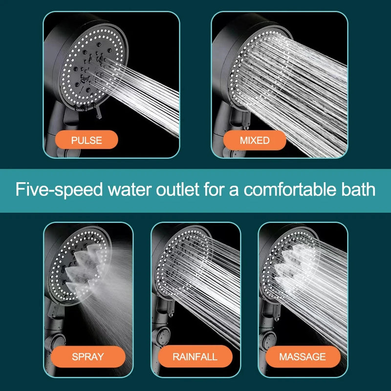 Pommeau de Douche Réglable 5 Modes avec Flexible Noir