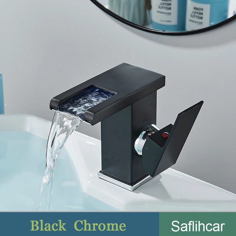 Mitigeur Lavabo Cascade LED Noir, Doré ou Chromé, Bec Court ou Haut