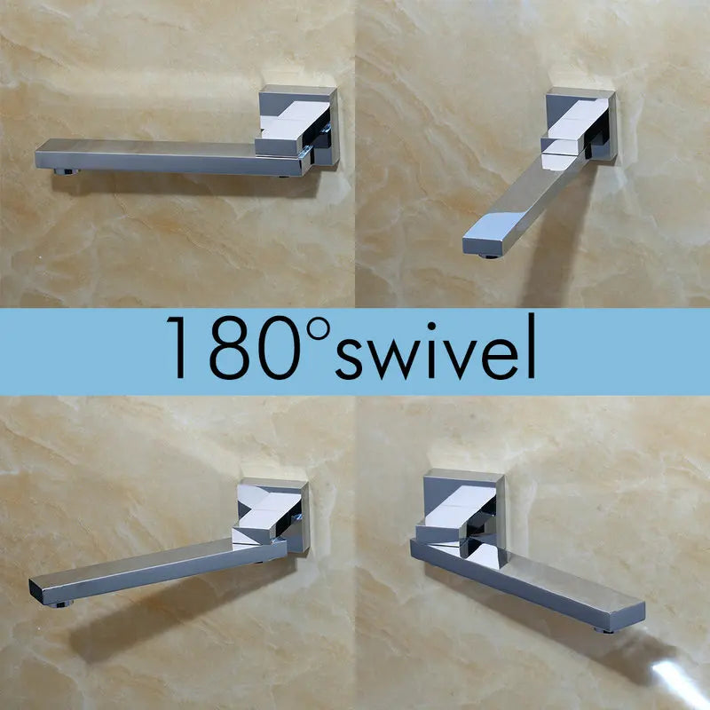 Robinet Mural Lavabo Encastré Carré à Bec Pivotant 180°, Chromé ou Noir