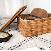 Panier de Rangement en Rotin Tissé avec Couvercle, 3 Tailles
