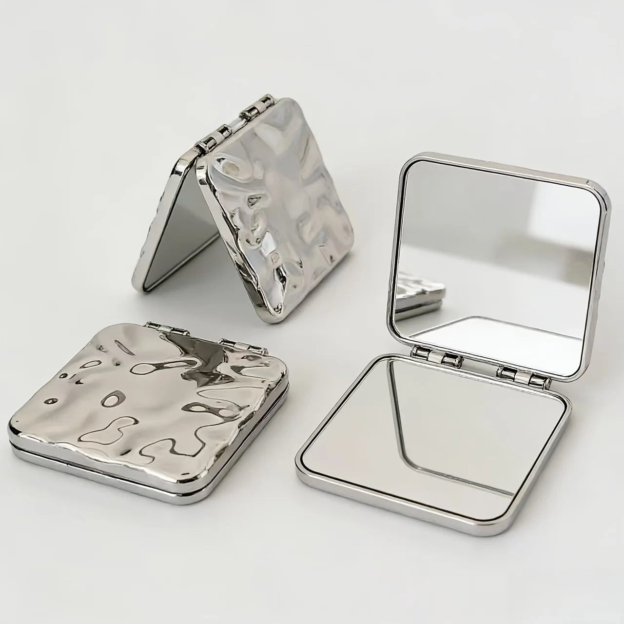 Miroir de Poche Carré Pliant à Relief Ondulé, Violet ou Argent