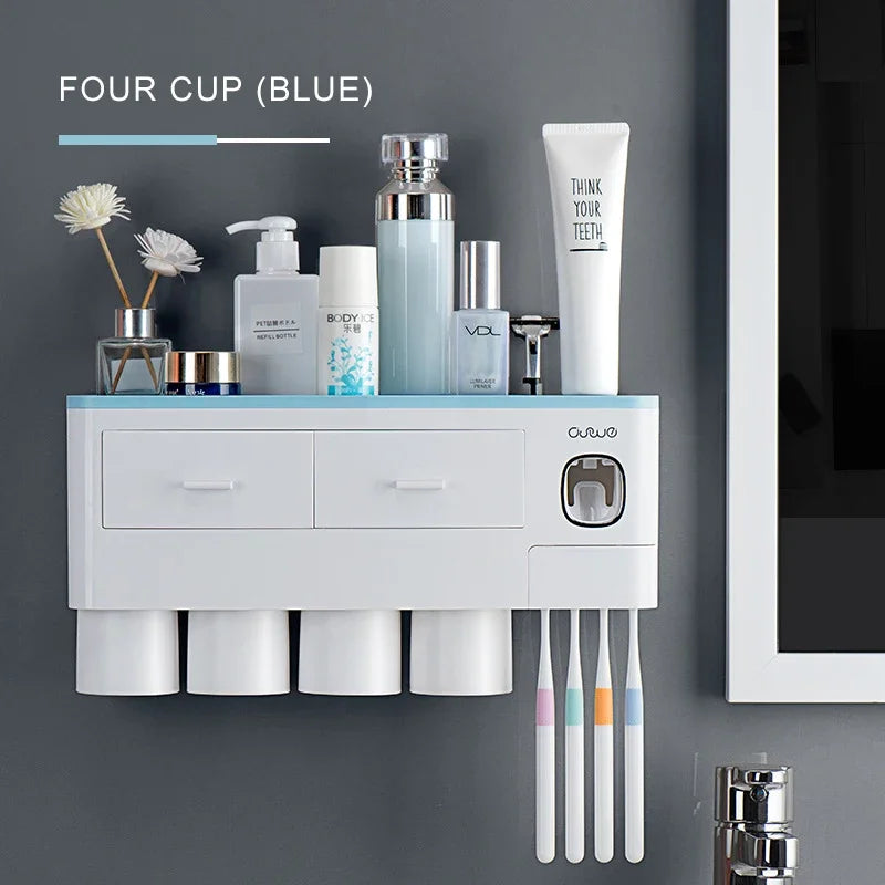Porte-Brosse à Dents Mural Sans Perçage avec Distributeur de Dentifrice et Gobelets