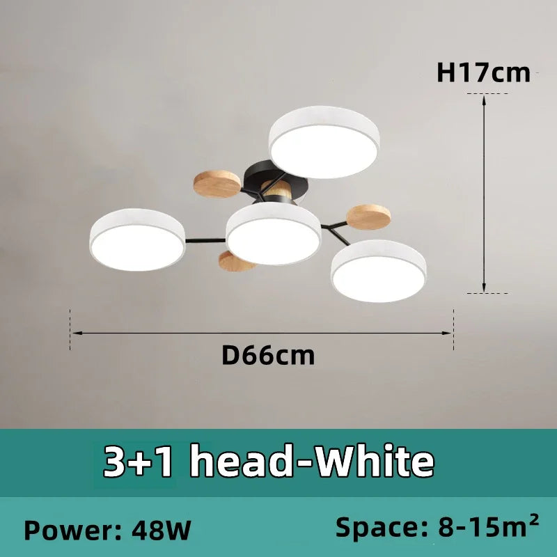Plafonnier LED Nordique Bois, 1 à 7 Têtes, 4 Coloris
