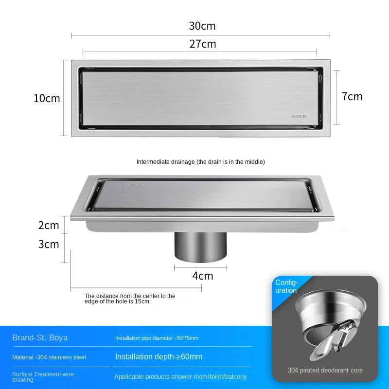 Caniveau de Douche Rectangulaire Inox 304 Anti-Odeur, 20 à 60 cm
