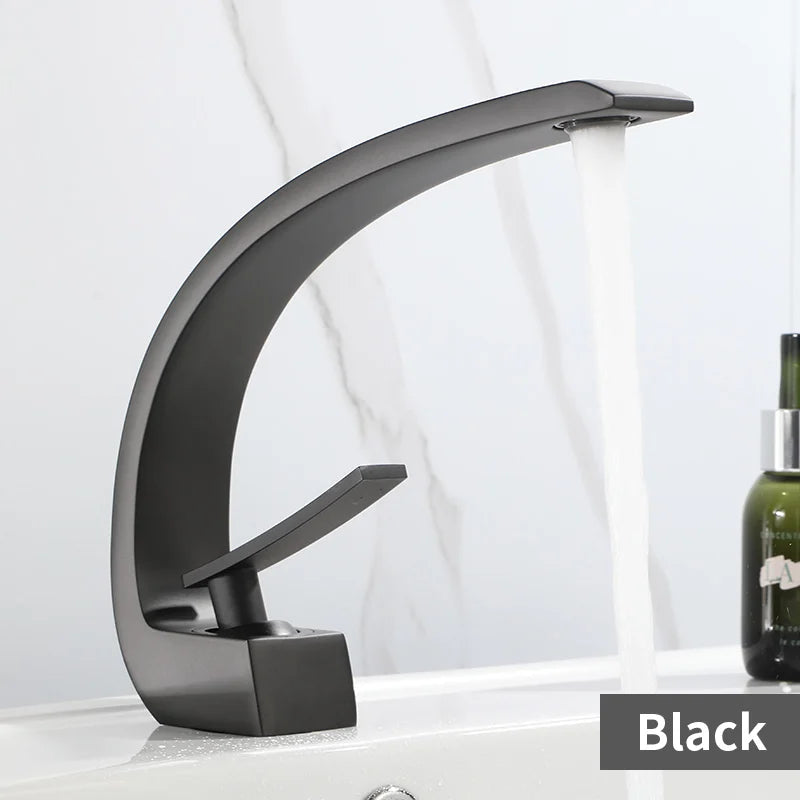 Mitigeur Lavabo Design Courbé Aluminium, Noir, Blanc, Chromé ou Doré Brillant