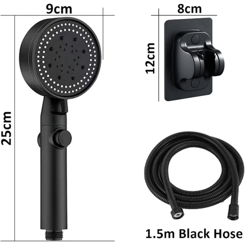 Pommeau de Douche Noir 5 Modes, Buses Silicone Autonettoyantes, Kit Complet