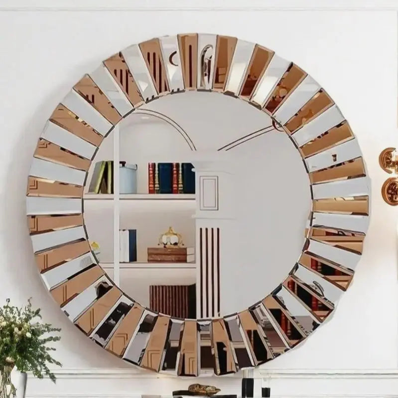Miroir Mural Rond Effet Soleil Argent et Fauve 60 ou 80 cm