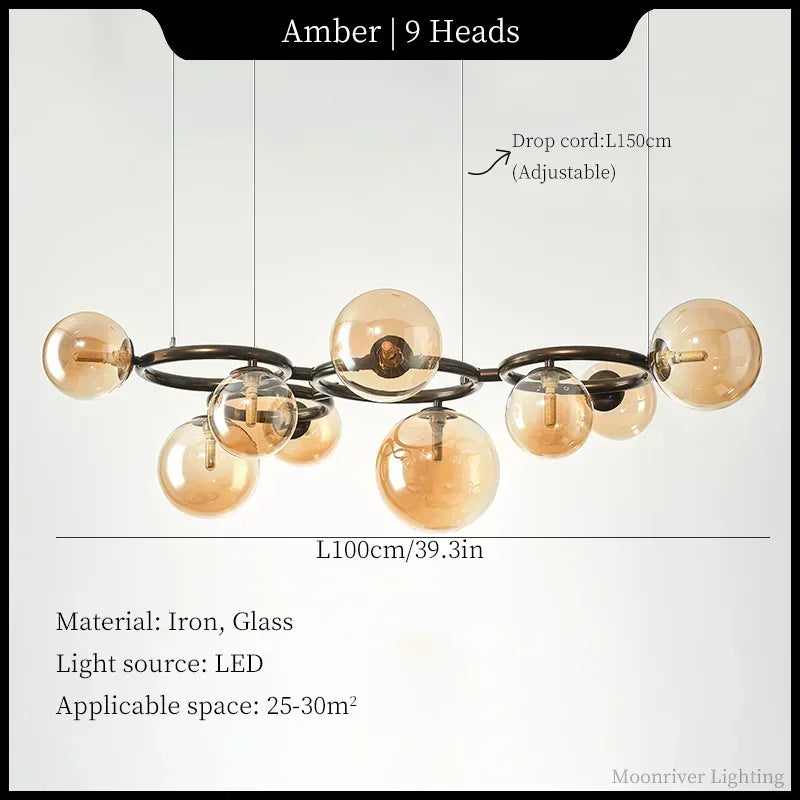 Suspension Cuisine Globes Verre sur Anneaux, 5, 7 ou 9 Têtes