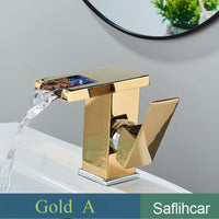 Mitigeur Lavabo Cascade LED Noir, Doré ou Chromé, Bec Court ou Haut