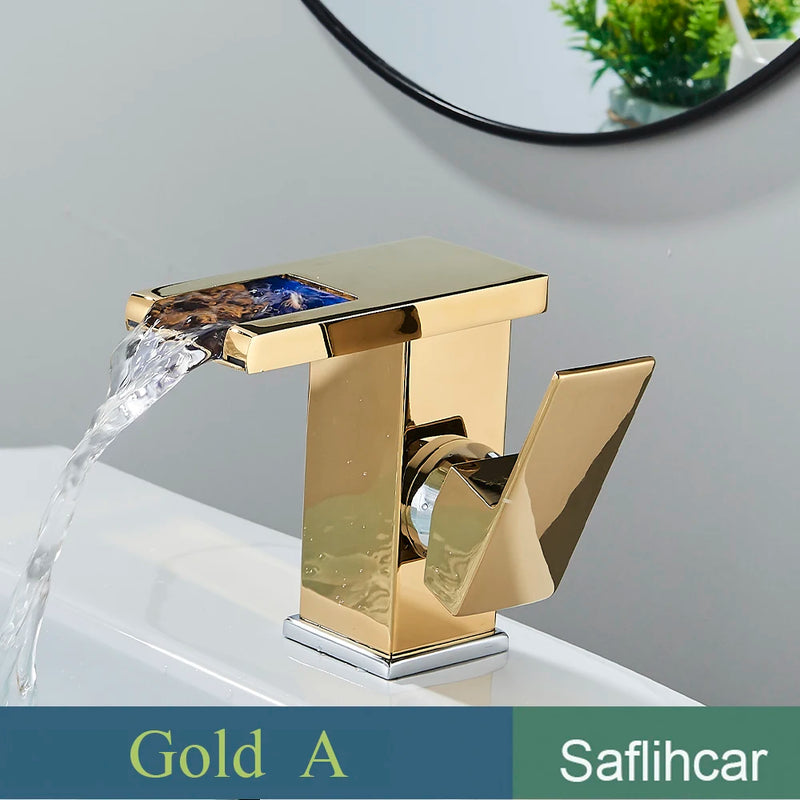 Mitigeur Lavabo Cascade LED Noir, Doré ou Chromé, Bec Court ou Haut