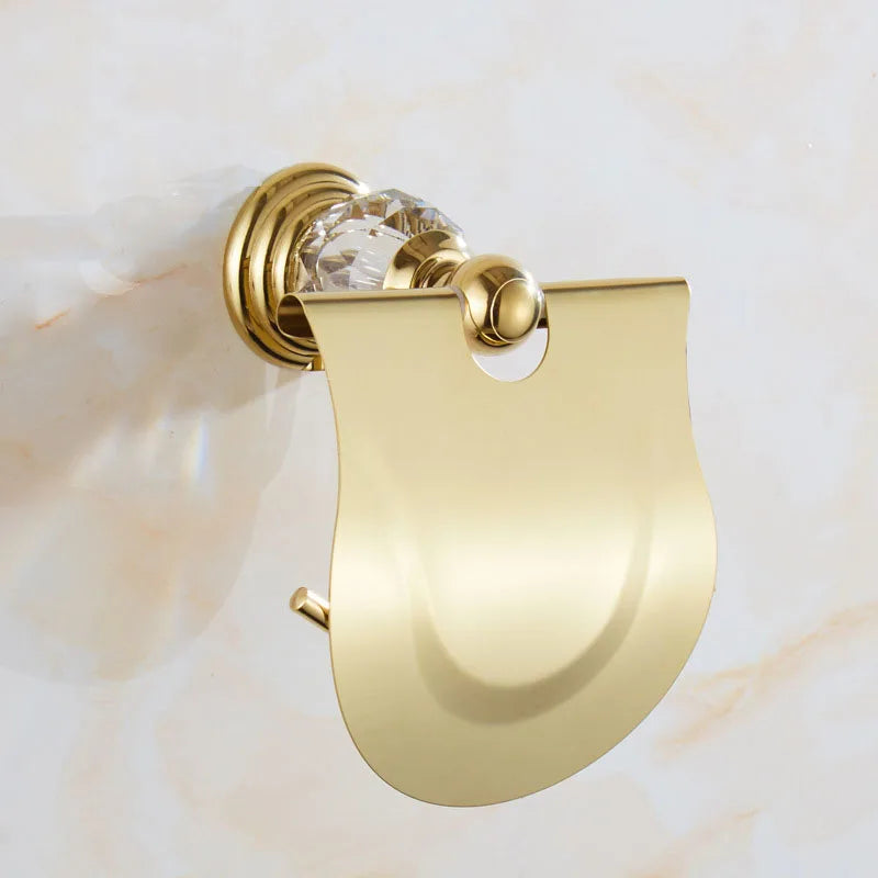 Porte-Papier Toilette Mural Inox et Cristal avec Couvercle, Doré ou Chromé