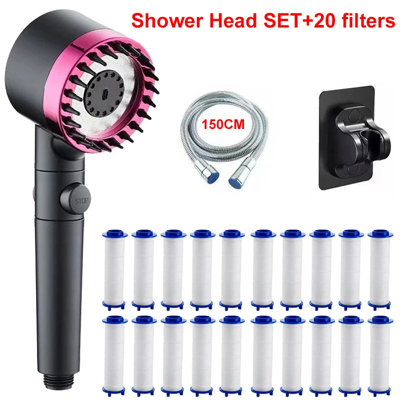 Pommeau de Douche à Filtre Massage, Kit avec Flexible et Support, Gris ou Violet