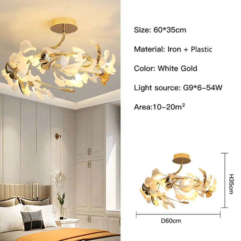 Suspension Cuisine Feuilles de Ginkgo Doré et Blanc, 60 à 150 cm