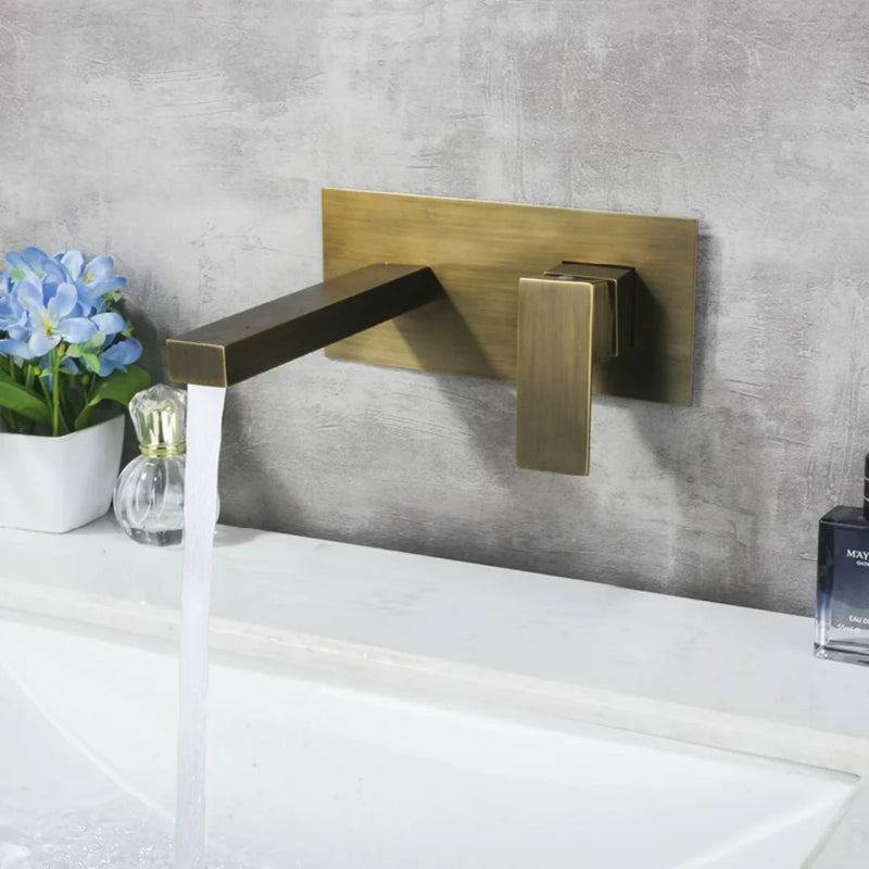Robinet Mural Lavabo Bronze Antique à Platine, Bec Rond ou Carré
