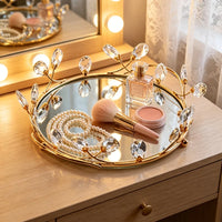 Plateau Miroir Rond Doré avec Pendeloques Transparentes 25 ou 30 cm