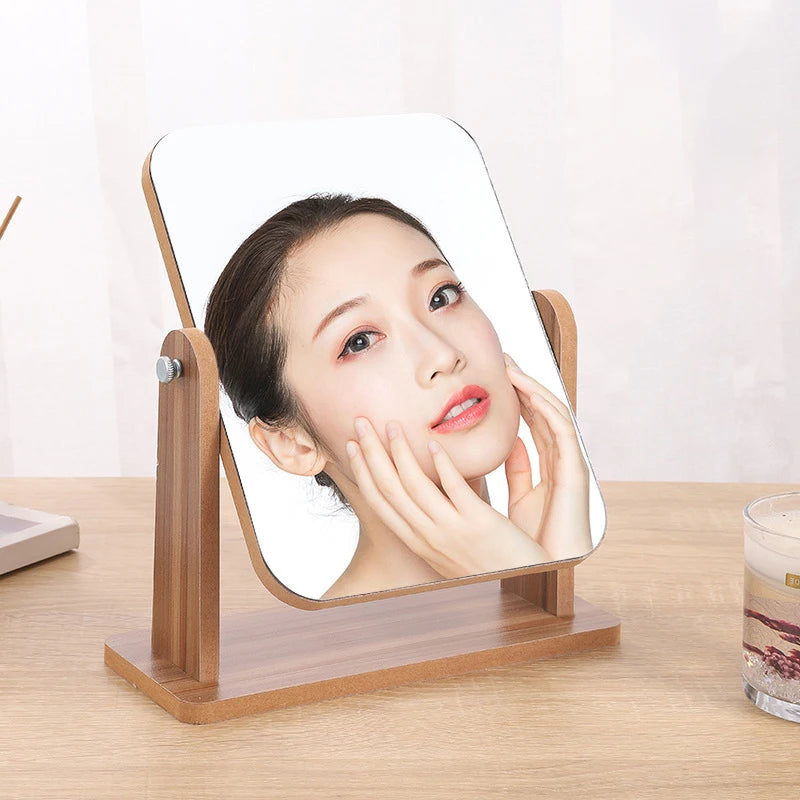 Miroir de Table Rotatif 360° en Bois, Rectangulaire 12,7 x 17,7 cm
