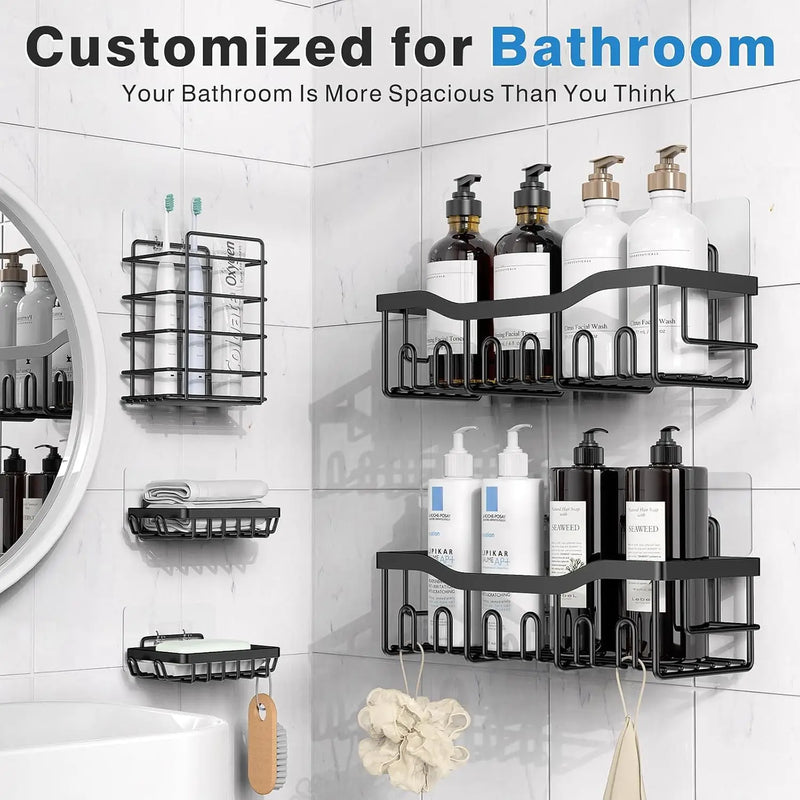 Étagère de Douche Sans Percer Inox Noir, Lot de 5 Pièces
