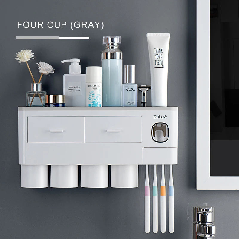Porte-Brosse Mural Magnétique avec Tiroir et Distributeur de Dentifrice, 2 à 4 Gobelets