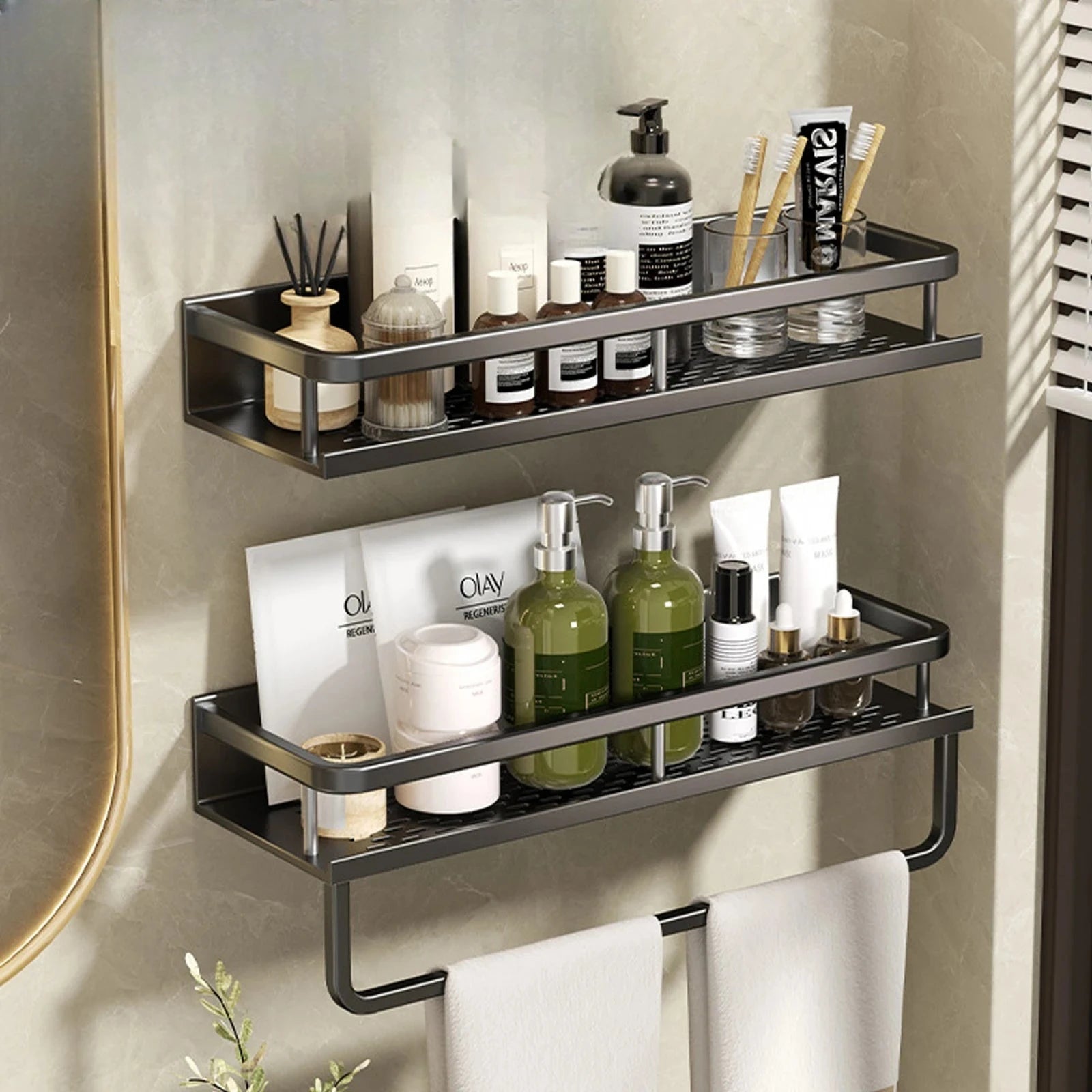 Étagère Salle de Bain Aluminium Sans Perçage Noir ou Gris avec Crochets, 30 à 50 cm