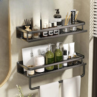 Étagère Salle de Bain Aluminium Sans Perçage Noir ou Gris avec Crochets, 30 à 50 cm